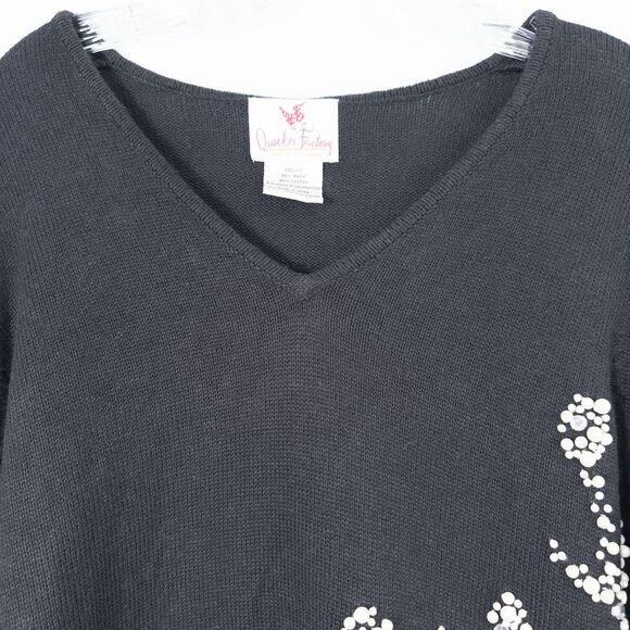 Quacker Factory Pearl Snowflake V Neck Sweater Womens Medium Black Ramie Cotton - Picture 5 of 16